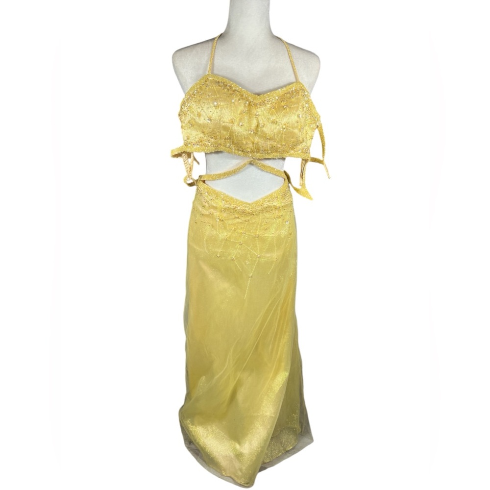 Precious Formals Dress Gown Beaded Yellow Two Pieces Prom Party sz 8